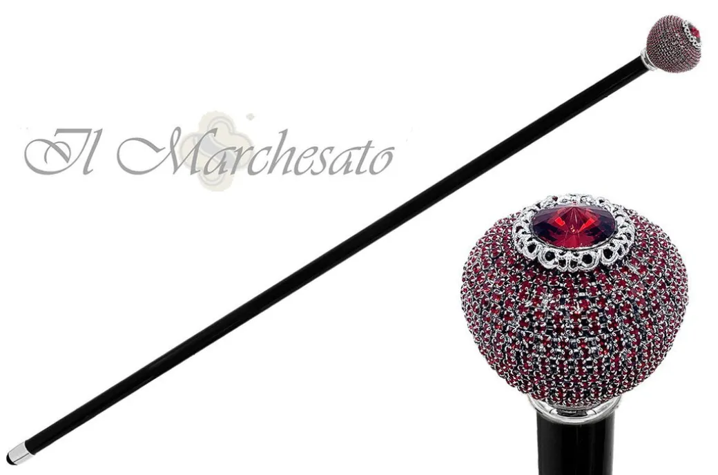 Bastone Pomolo argentato con cristalli di Siam