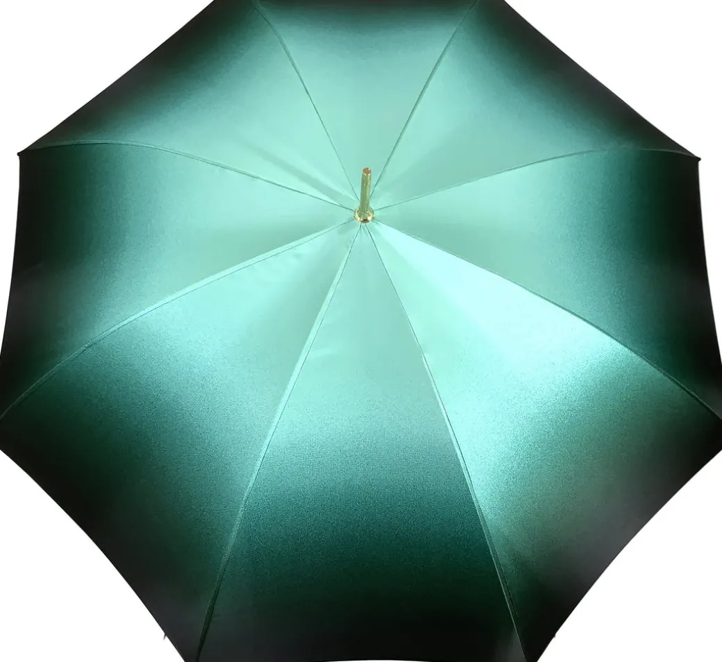 Bellissimo ombrello a sfumato verde acqua e nero con anatra smaltata a