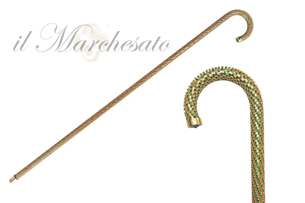 Crook Walking Cane Encrust di cristalli di smeraldo