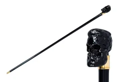 Elegant Cane with Sculpted Black Skull Handle and Gold Accents