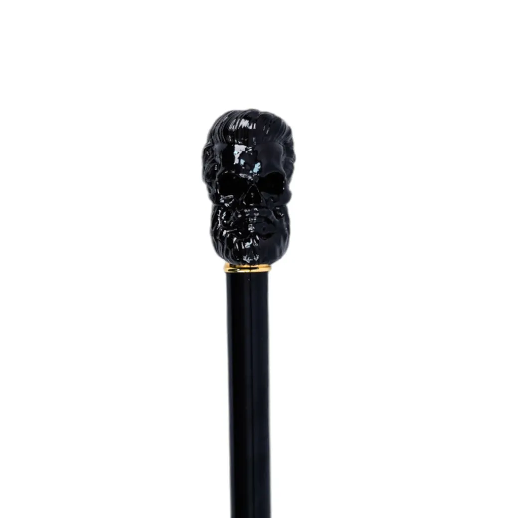 Elegant Cane with Sculpted Black Skull Handle and Gold Accents