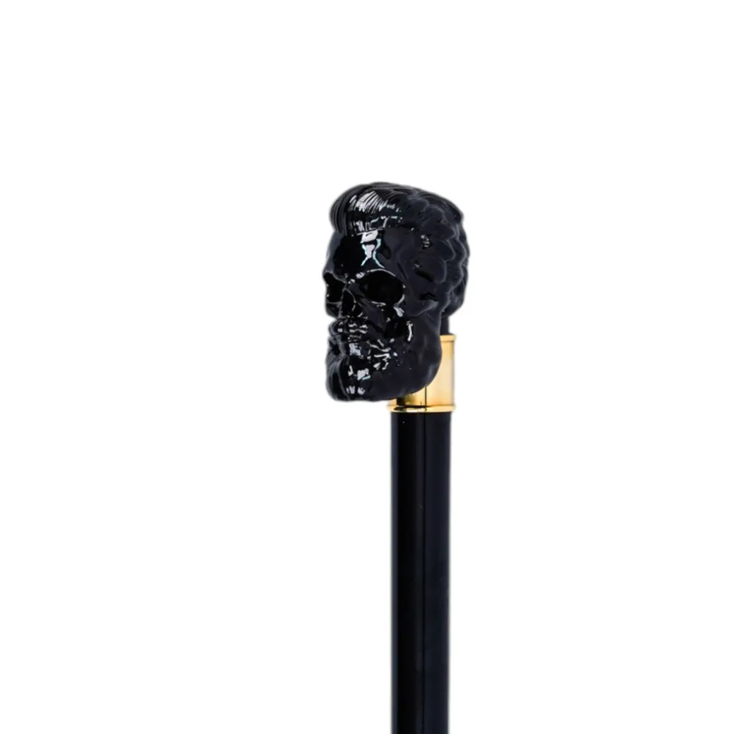 Elegant Cane with Sculpted Black Skull Handle and Gold Accents