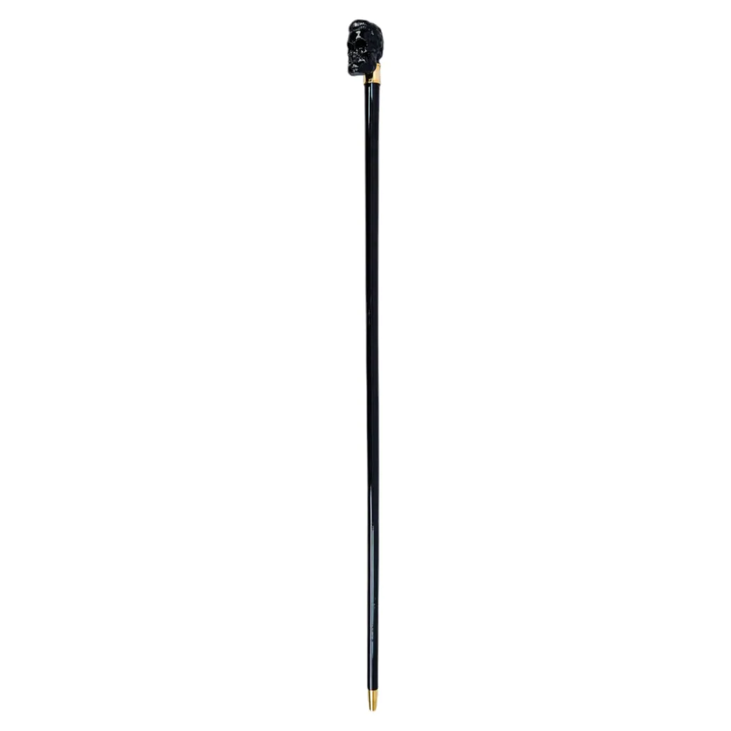 Elegant Cane with Sculpted Black Skull Handle and Gold Accents