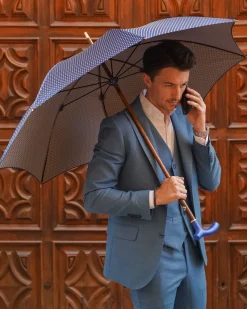 Elegant Umbrella with Blue Leather Handle and Beechwood Shaft