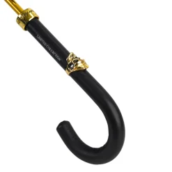 Elegant Umbrella with Leather Handle, Gold Skull, and Ornate Black and