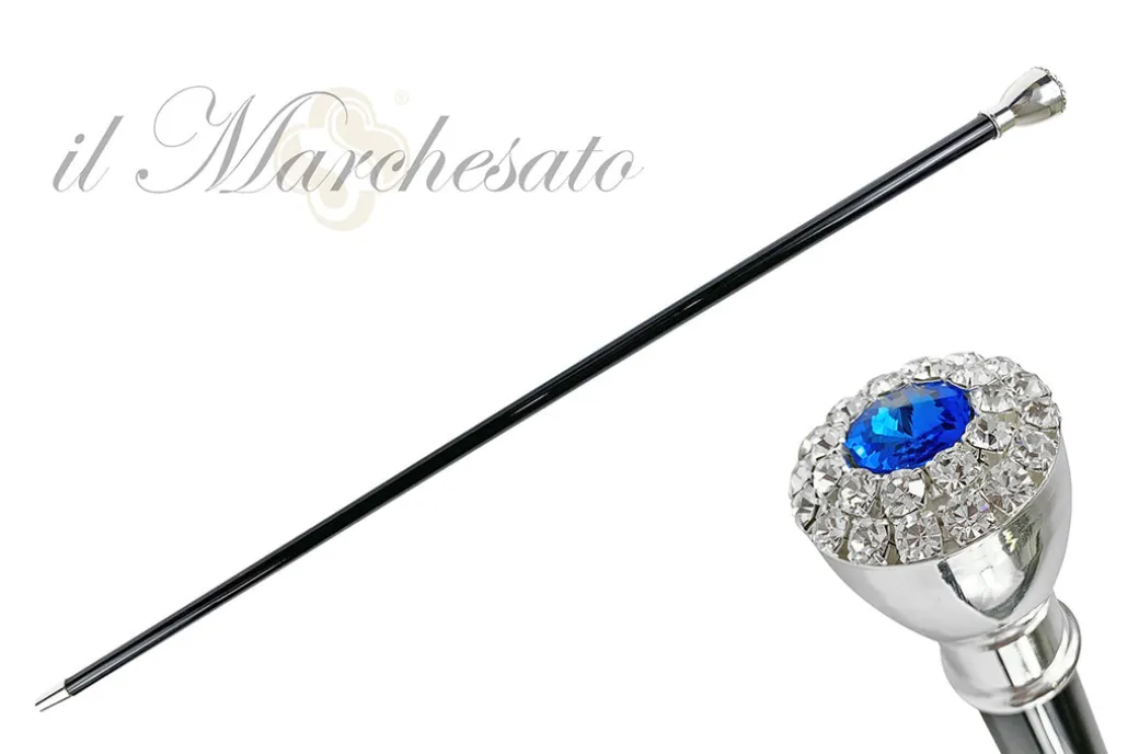 Elegante bastone da passeggio con manopola e cristalli in argento plac