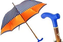 Elegante ombrello arancione - manico in pelle blu fatto a mano