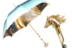 Equestrian Elegance: Light Blue Umbrella with Golden Horse Head Handle