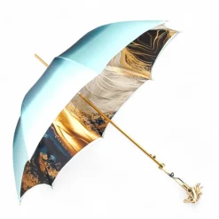 Equestrian Elegance: Light Blue Umbrella with Golden Horse Head Handle