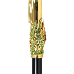 Hand-Painted Golden Plated Metal Walking Cane with Leaf Design