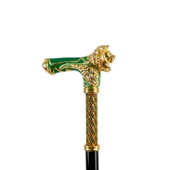 Majestic Gold Lion Handle Walking Cane – Green Enamel Finish