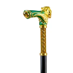 Majestic Gold Lion Handle Walking Cane – Green Enamel Finish