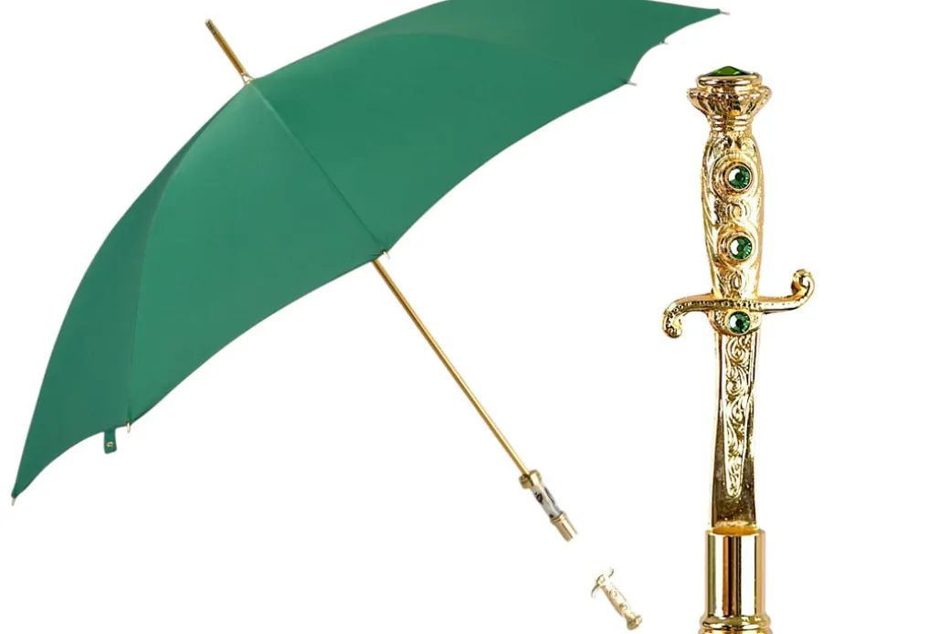 Majestic Green Umbrella with Ornate Sword Handle in 24K Gold Plating
