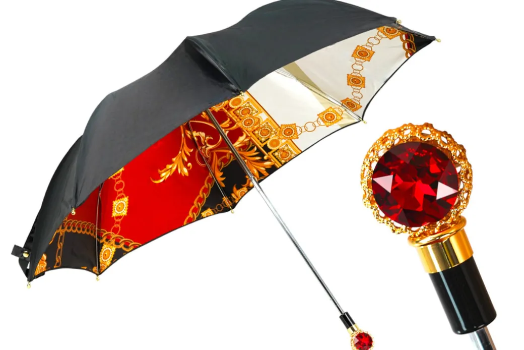 Midnight Glamour: Exclusive Black Umbrella Adorned with Bold Red Cryst