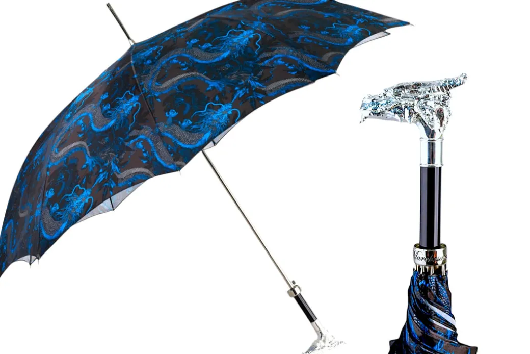 Mythical Dragon Umbrella – Silver-Plated Handle & Oriental Blue design