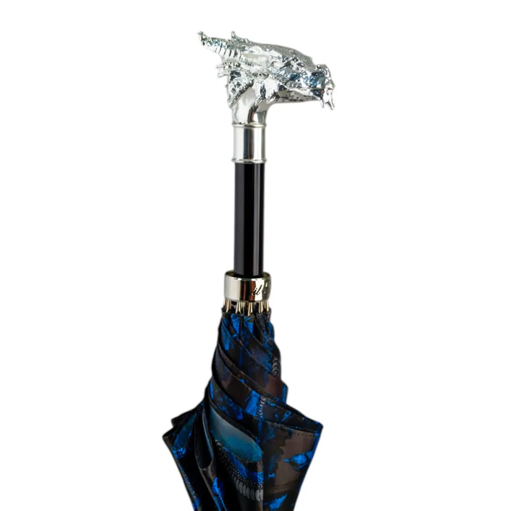 Mythical Dragon Umbrella – Silver-Plated Handle & Oriental Blue design