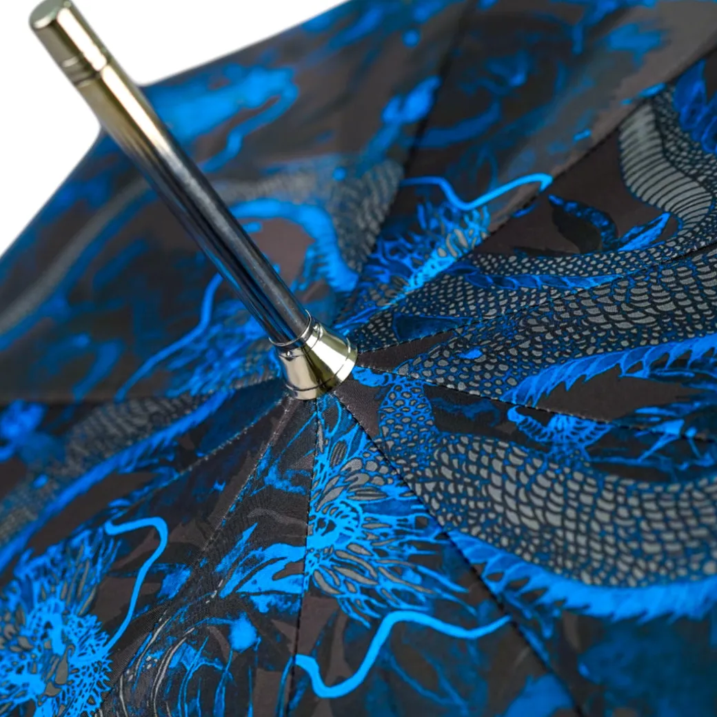 Mythical Dragon Umbrella – Silver-Plated Handle & Oriental Blue design