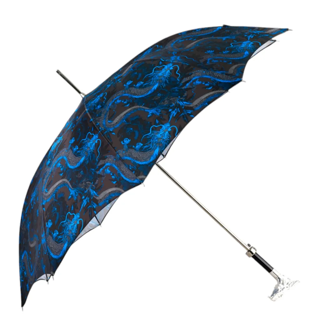 Mythical Dragon Umbrella – Silver-Plated Handle & Oriental Blue design