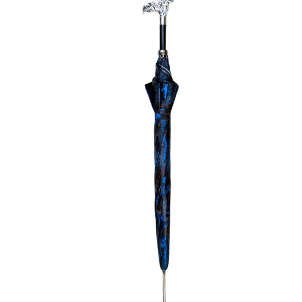 Mythical Dragon Umbrella – Silver-Plated Handle & Oriental Blue design