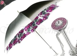 Ombrello argentato con anemoni e cristalli Fucsia