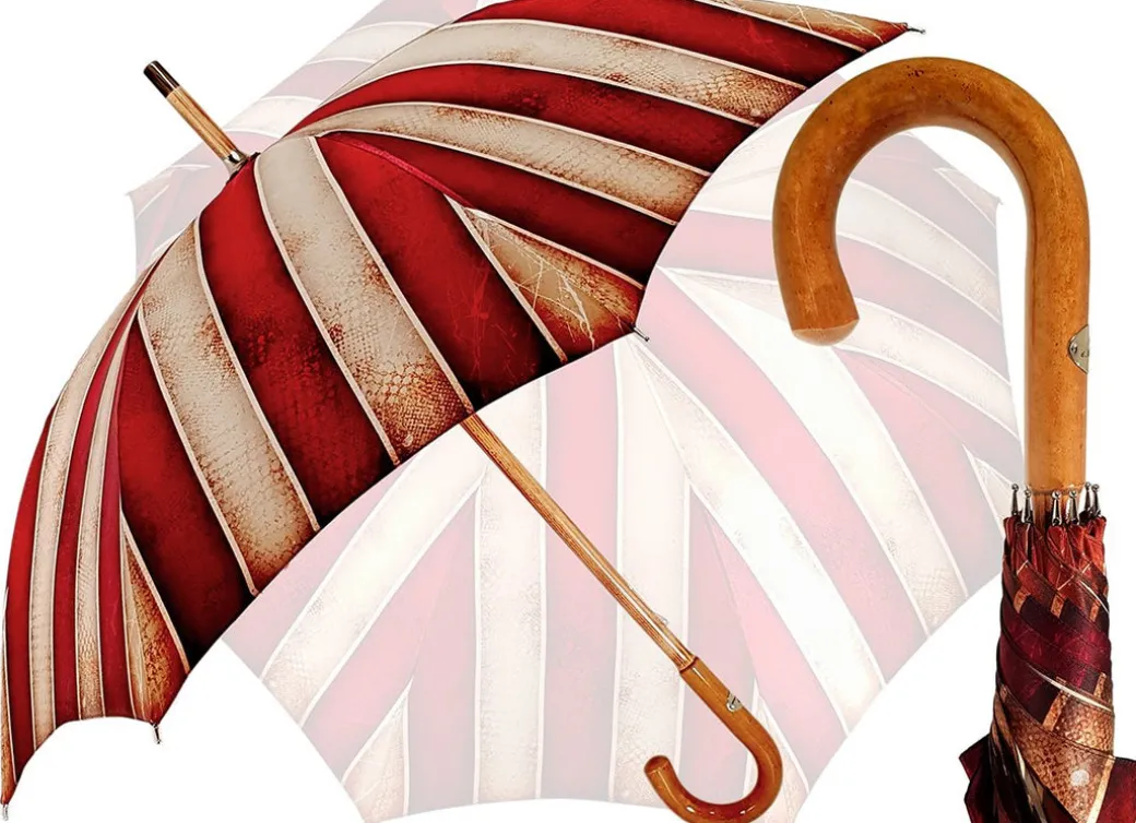 Ombrello artigianale - a righe rosso e crema - legno malacca