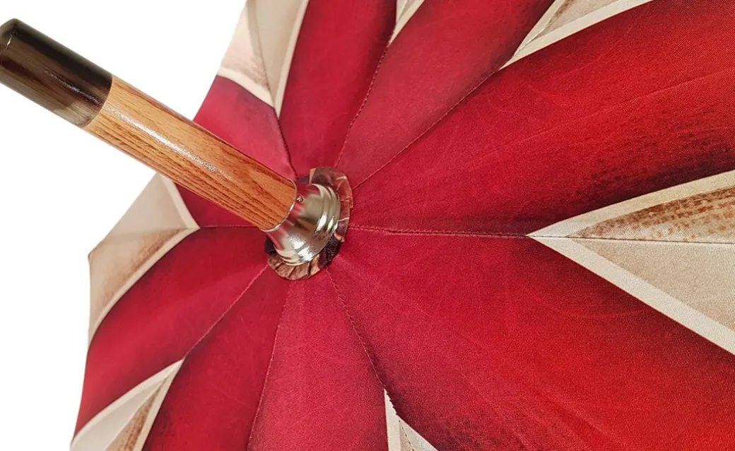Ombrello artigianale - a righe rosso e crema - legno malacca