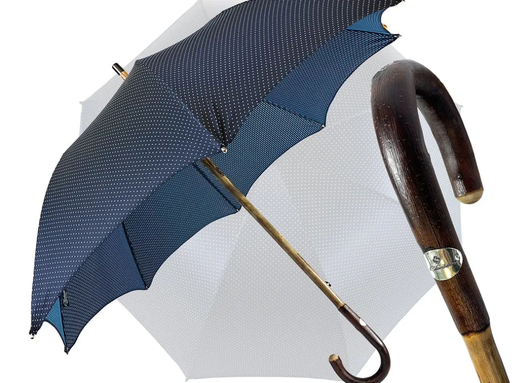 Ombrello Blu e azzurro elegante con Legno di Castagno Naturale curvato