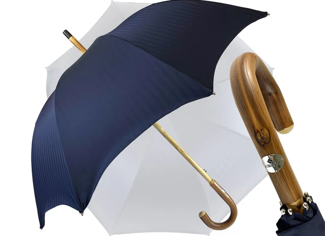Ombrello Blu navy con legno di castagno naturale curvato a mano