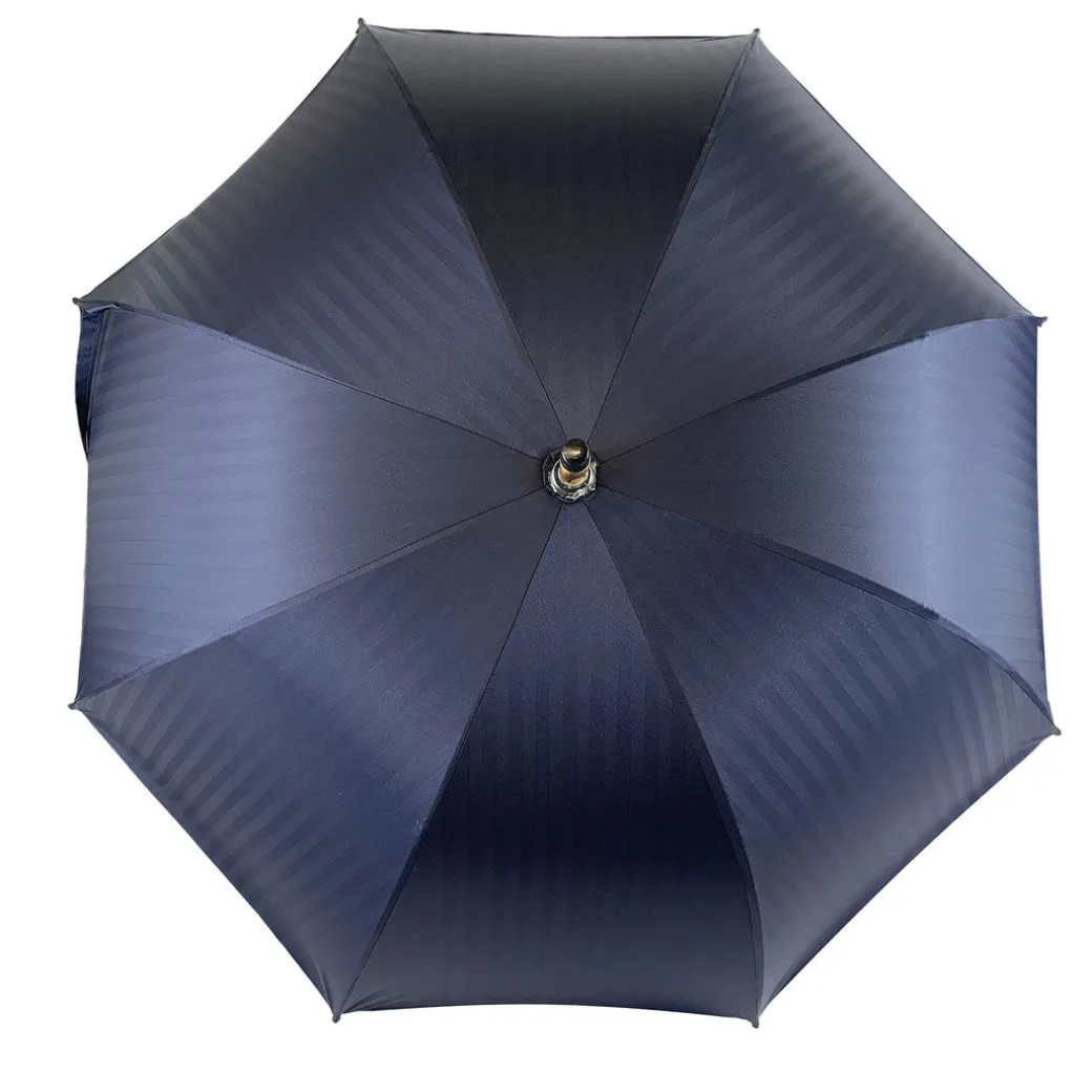 Ombrello Blu navy con legno di castagno naturale curvato a mano