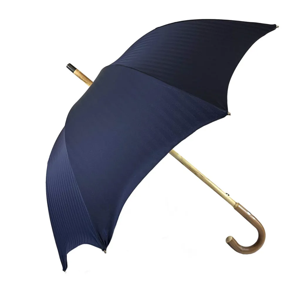 Ombrello Blu navy con legno di castagno naturale curvato a mano