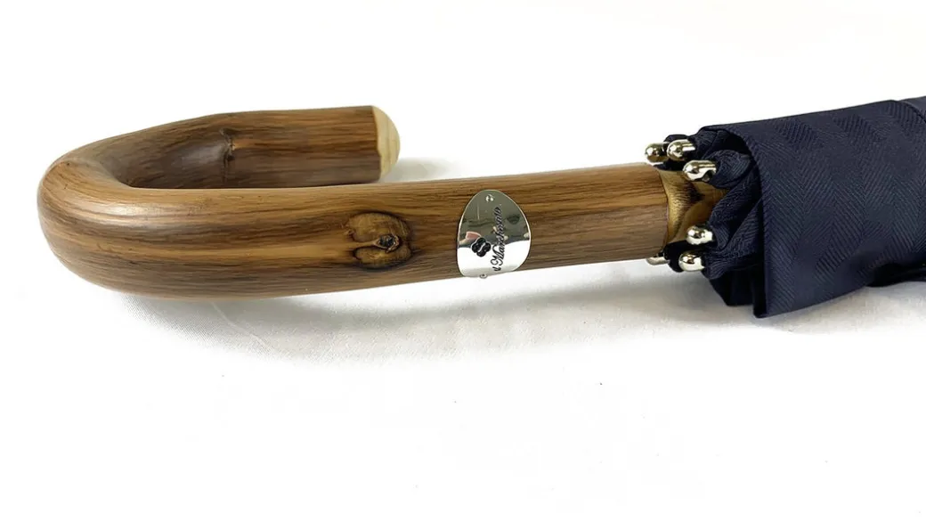Ombrello Blu navy con legno di castagno naturale curvato a mano