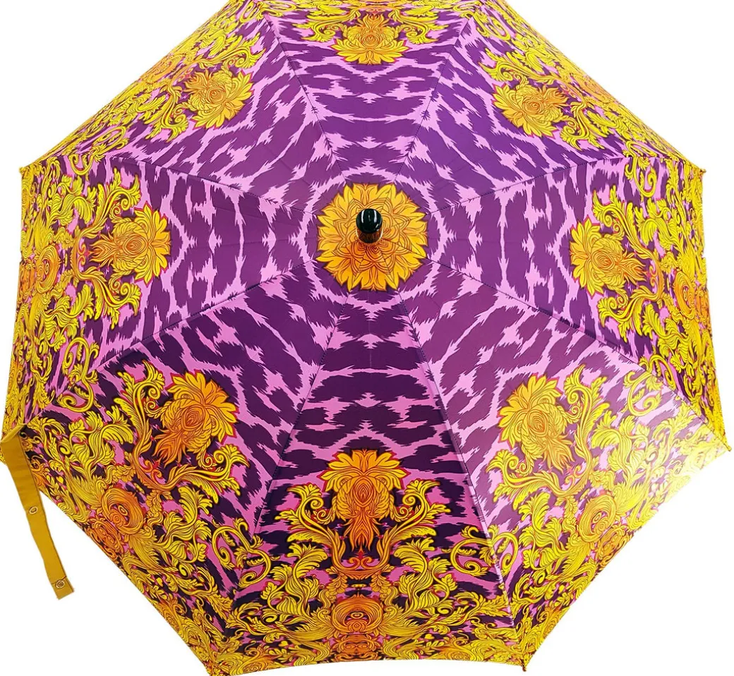 Ombrello con fantasia leopardata fucsia e corone dorate
