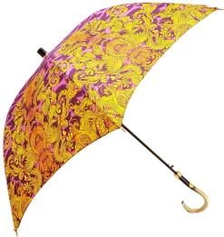 Ombrello con fantasia leopardata fucsia e corone dorate