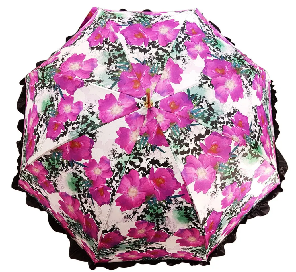 Ombrello con fiori fucsia con volant nero