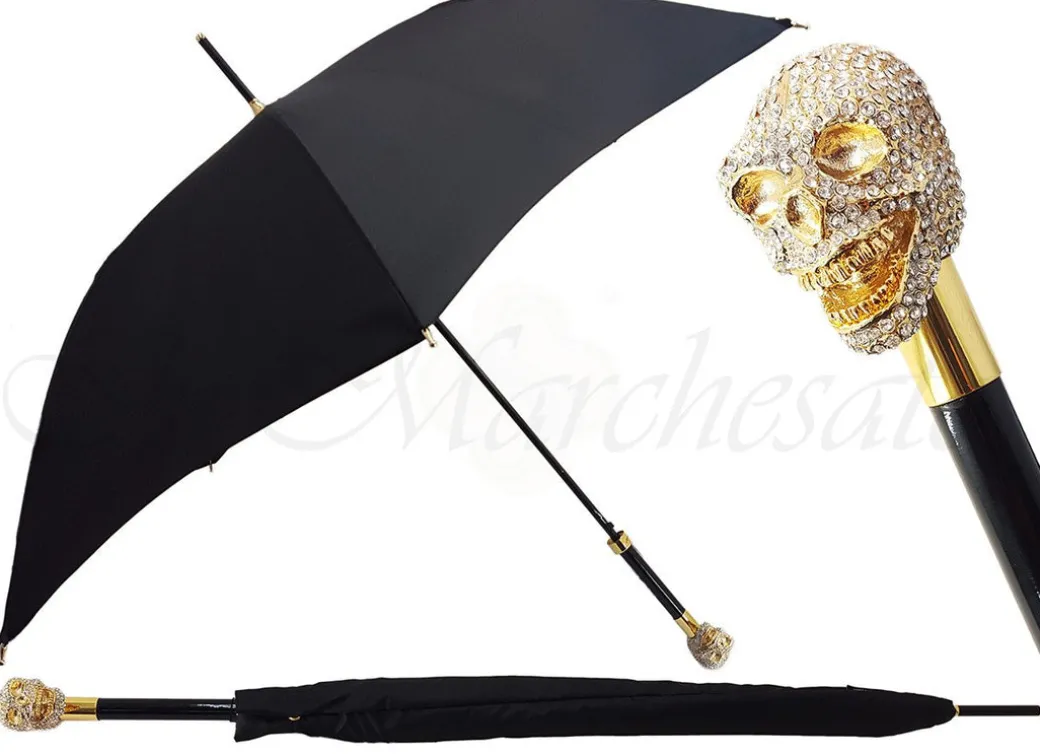 Ombrello da uomo con teschio dorato e cristalli Swarovski