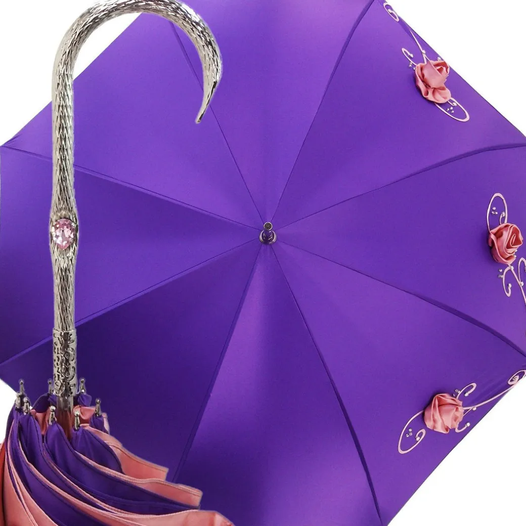 Ombrello ricamato a mano - Viola con rose rosa