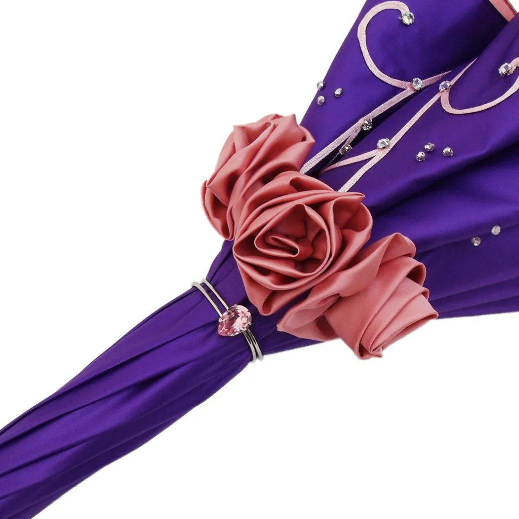 Ombrello ricamato a mano - Viola con rose rosa