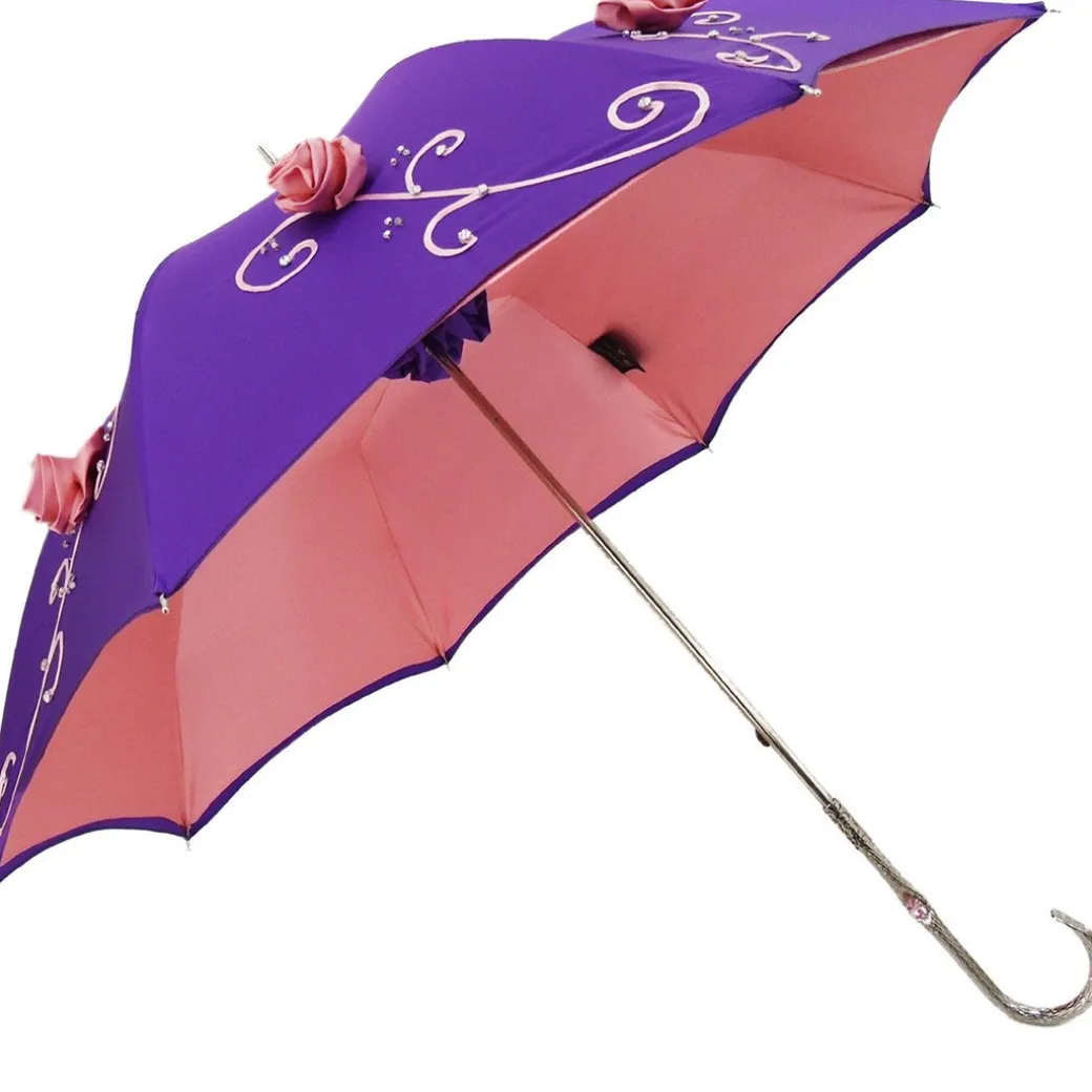 Ombrello ricamato a mano - Viola con rose rosa