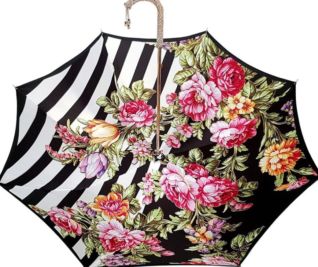 Ombrello Rose colorate e righe Black and white - Maniglia tempestata d