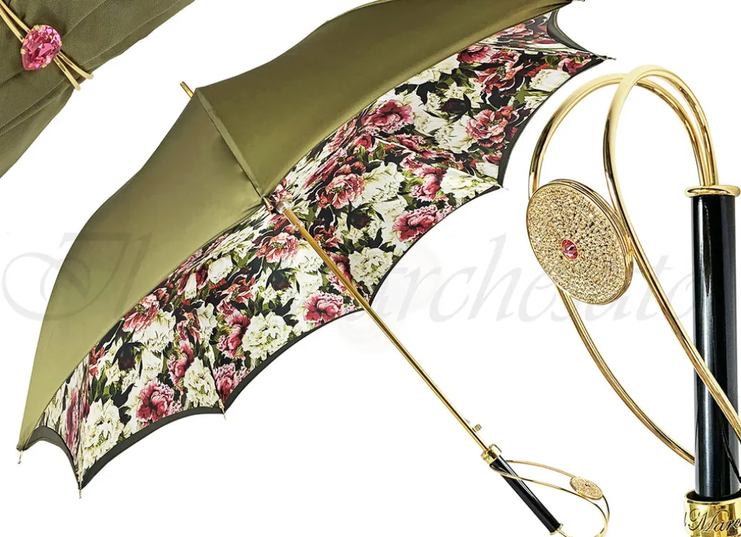 Prezioso ombrello color Khaki con medaglione di cristalli