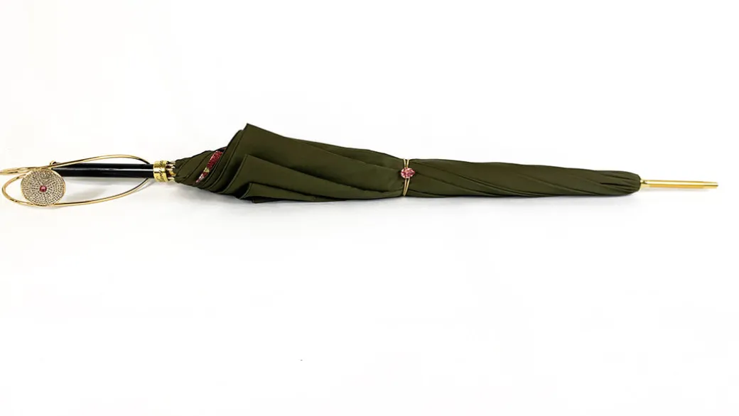 Prezioso ombrello color Khaki con medaglione di cristalli