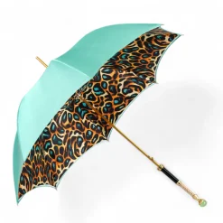 Wild Elegance: Teal Umbrella with Leopard Print and Green Crystal Hand
